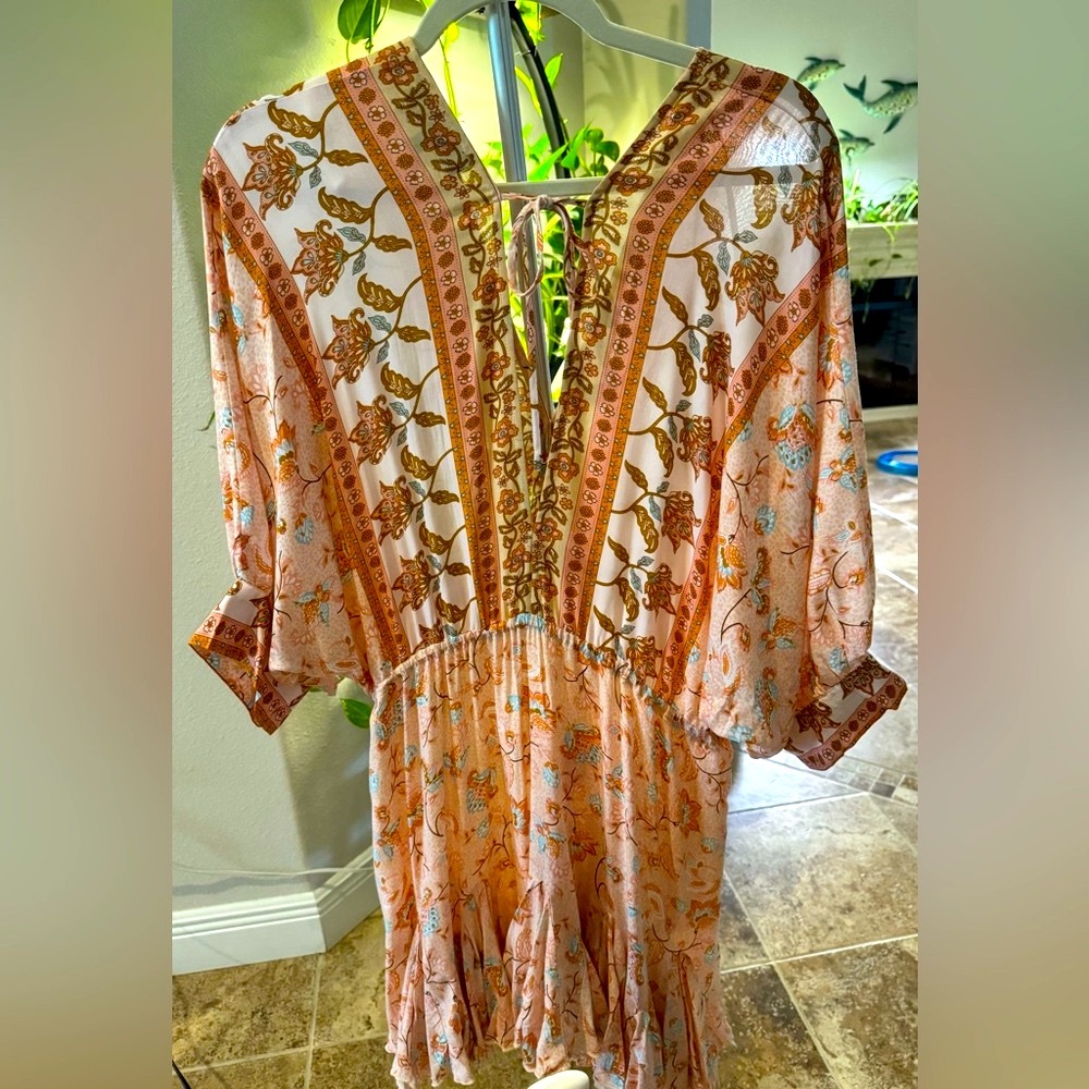 NWOT Aakaa Anthro Women’s Peach Floral Print Ruffled Kimono 3/4 Sleeve Dress L - Picture 4 of 9